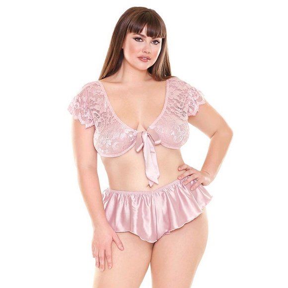 Plus Size Bra Top and Tap Pant Set Pink Tie Front Womens Pajamas 1x/2x - Picture 5 of 9
